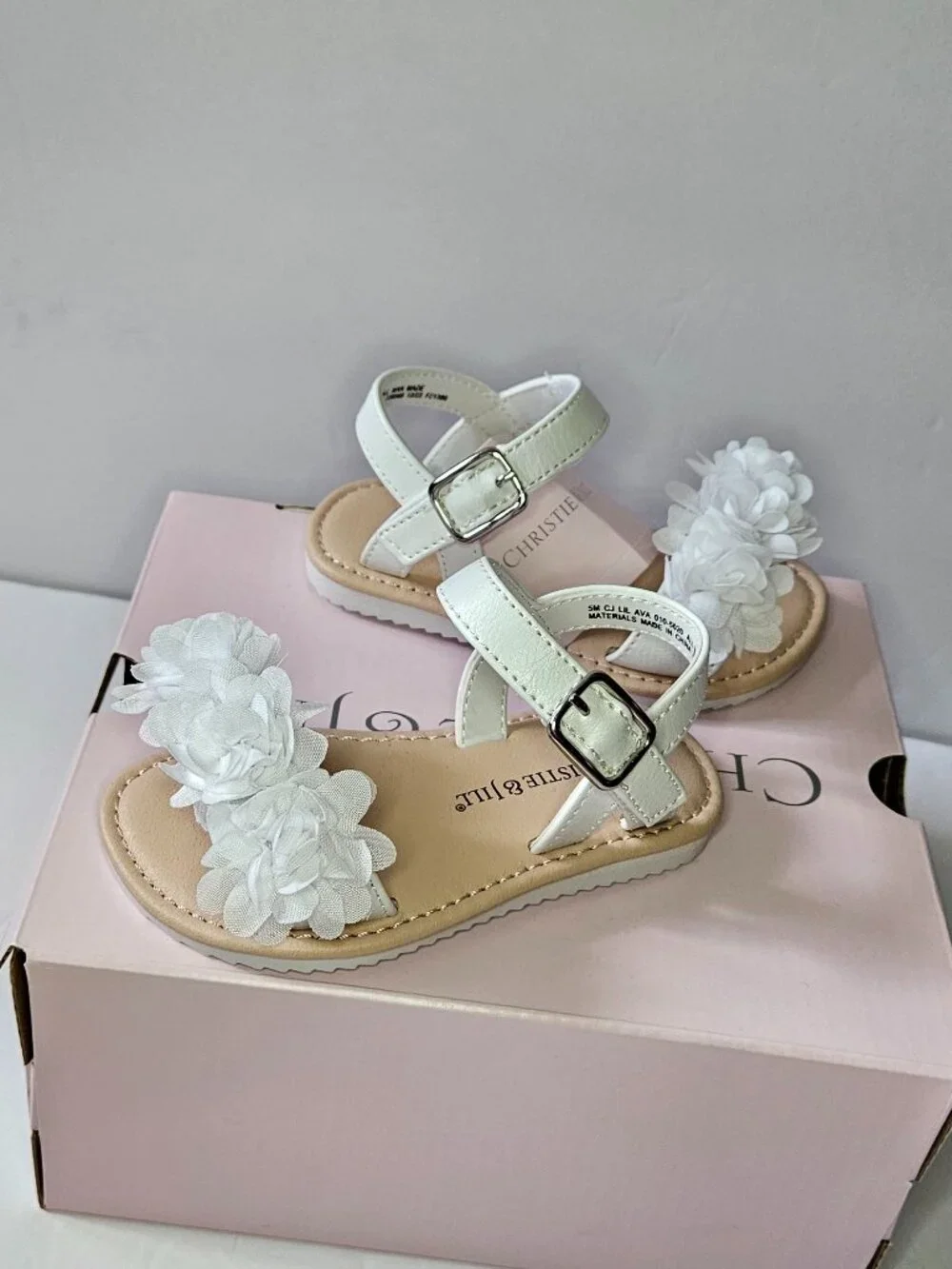 Christie & Jill White Floral Girls Ankle Strap Flat Sandals Toddler Size 5